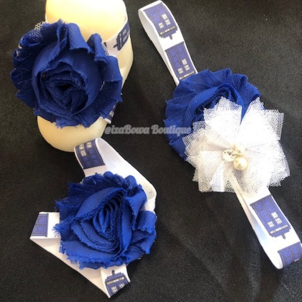 Blue & White Tardis Shabby Flower Barefoot Sandal & Headband   (2)  5SET220